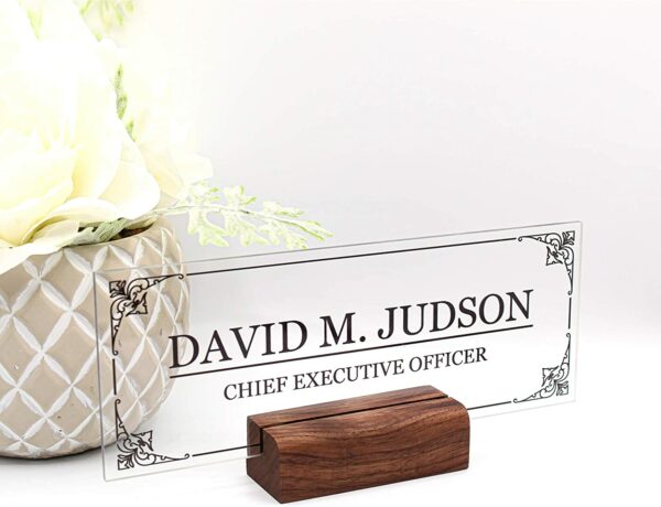 Customize Nameplate - Printed on Clear Solid Block of Acrylic Glass Desk Accessories - Personalized Office Gifts Décor For Men Boss Co-Working (8"x3")