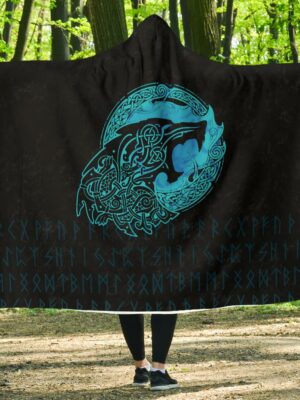 Fenrir Wolf Cyan Viking Style Economy Hooded Blanket