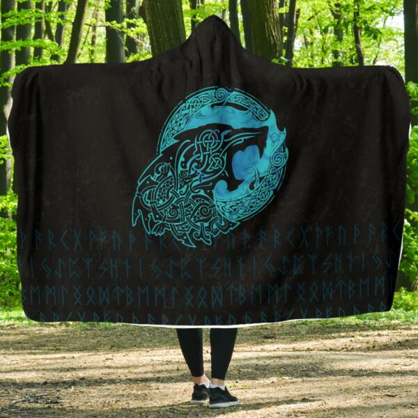 Fenrir Wolf Cyan Viking Style Economy Hooded Blanket