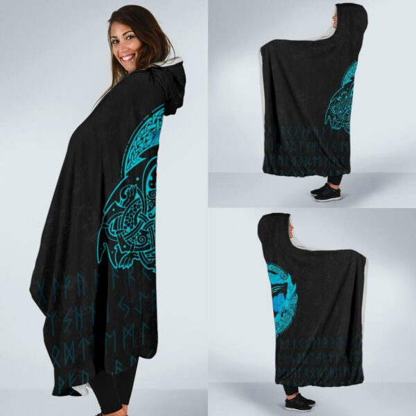 Fenrir Wolf Cyan Viking Style Economy Hooded Blanket - Image 2