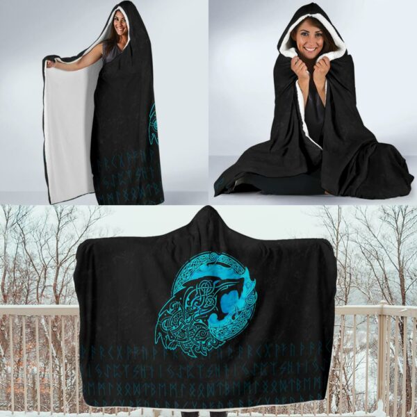 Fenrir Wolf Cyan Viking Style Economy Hooded Blanket - Image 4