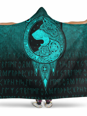 Norse Wolf Cyan Version Viking Hooded Blanket