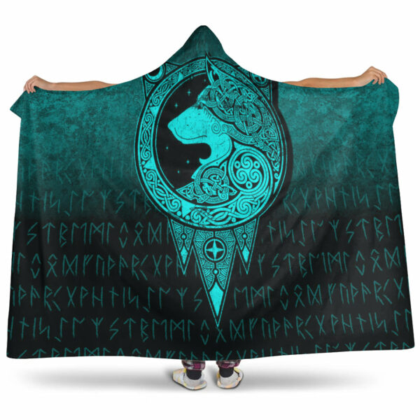 Norse Wolf Cyan Version Viking Hooded Blanket