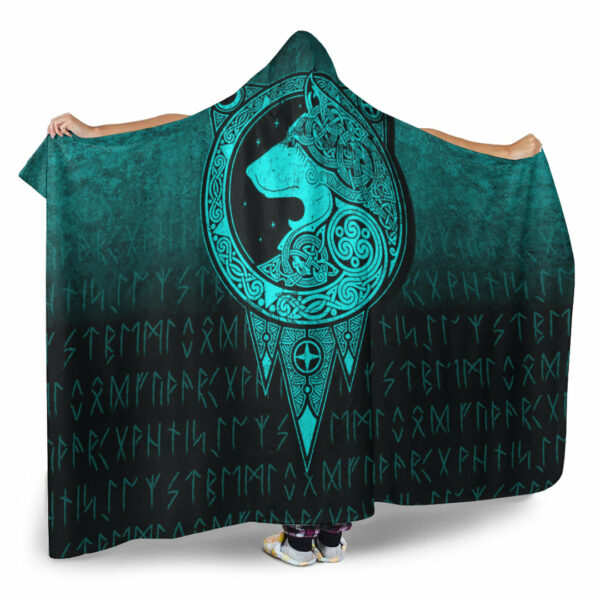 Norse Wolf Cyan Version Viking Hooded Blanket - Image 2