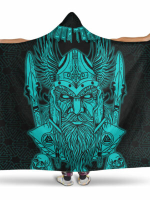 Odin And Raven Turquoise Text Viking Homeset Hooded Blanket
