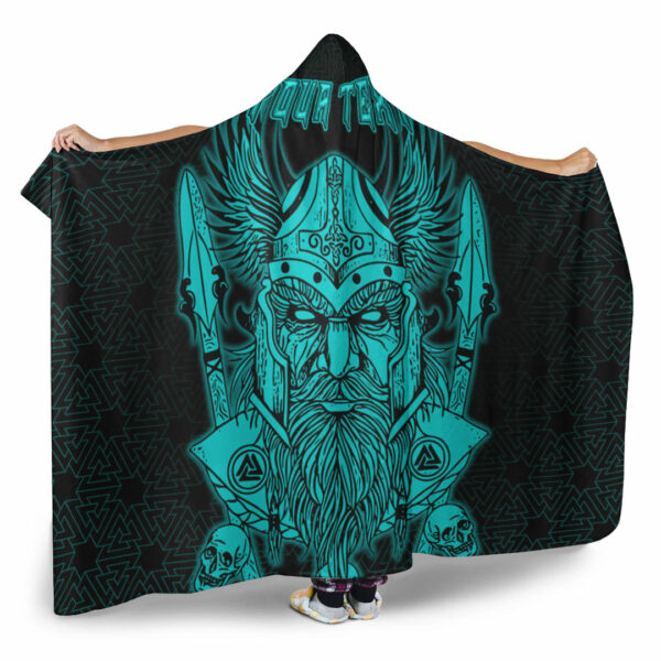 Odin And Raven Turquoise Text Viking Homeset Hooded Blanket - Image 2