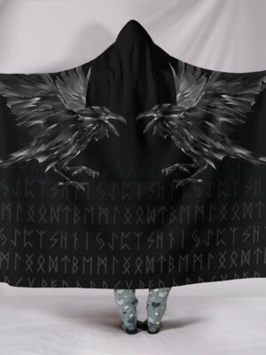 Odin Huginn and Muninn Rune Viking Hooded Blanket