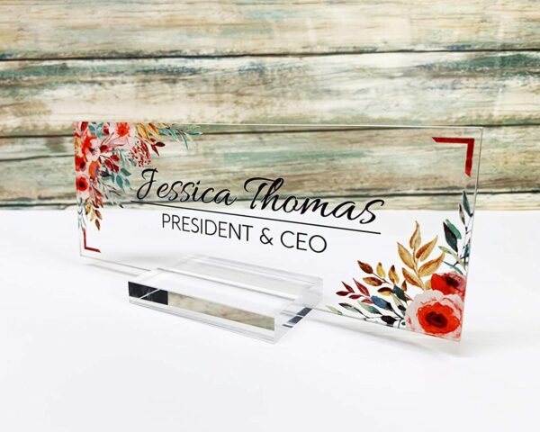 Personalized Acrylic Desk Name Plate For Office Sign Modern Office Women Decor Home Desk Name Plate Teacher Desk Name Sign Holder Red Flower