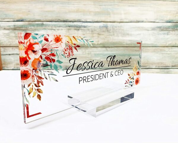 Personalized Acrylic Desk Name Plate For Office Sign Modern Office Women Decor Home Desk Name Plate Teacher Desk Name Sign Holder Red Flower - Image 3