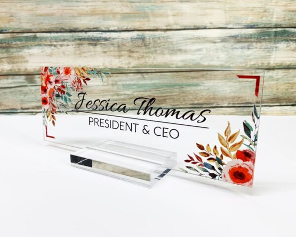 Personalized Floral Name Plate For Desk Acrylic Desk Name Sign Modern Office Business Decor Executive For Boss Co-Working Tearcher And Friends