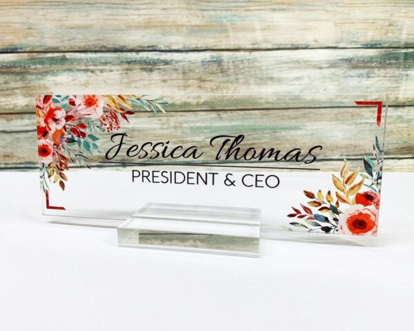 Personalized Floral Name Plate For Desk Acrylic Desk Name Sign Modern Office Business Decor Executive For Boss Co-Working Tearcher And Friends - Image 2