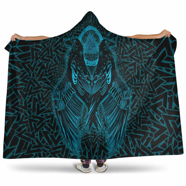 Raven Valknut Cyan Viking Hooded Blanket