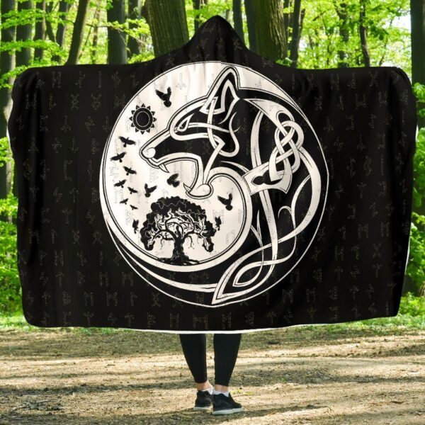 Skoll and Hati Rune Tattoo Viking Hooded Blanket